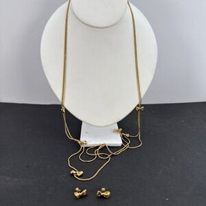 Vintage Signed Monet Ribbon Bow Lariat Necklace 30in Gold Tone Chain And Earring